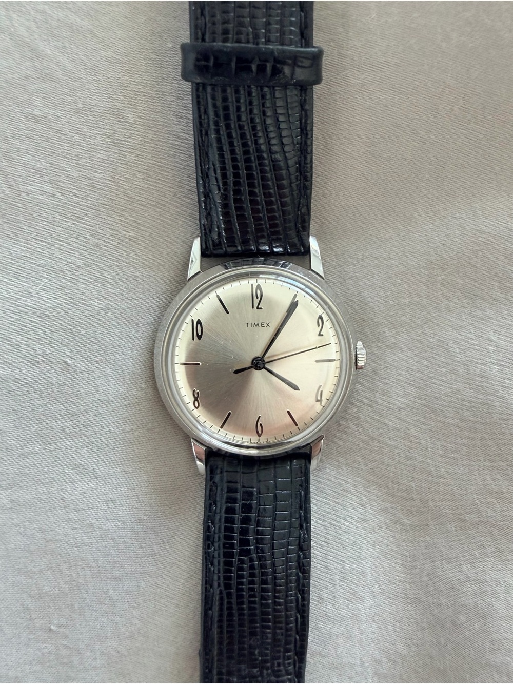 Timex Marlin Manual Watch Silver Dial with Black Leather Croc Strap